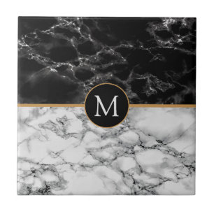 Faux Black White Marble Monogram Ceramic Tile