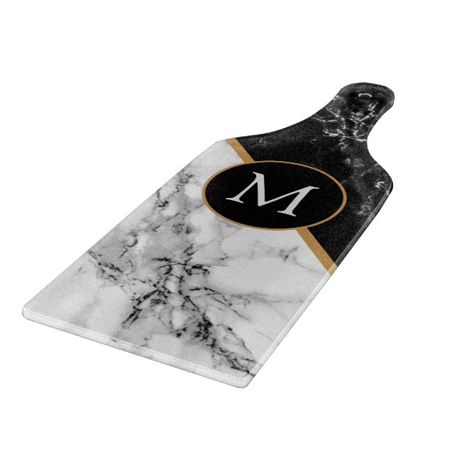 Faux Black White Marble Monogram Cutting Board (Corner)