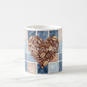 Faux Blue Cream Denim First Coffee Beans Heart Mug