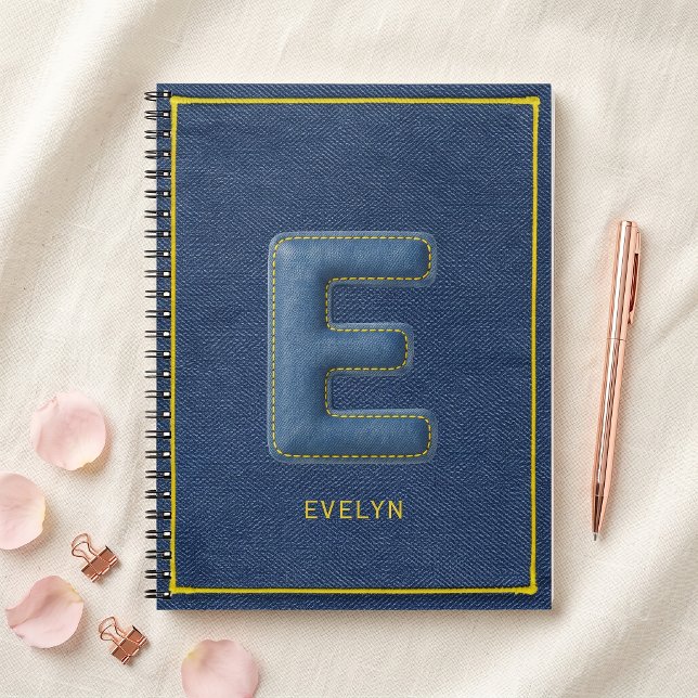 Faux Blue Denim 3D Puffy Letter E Monogram Name Notebook (Creator Uploaded)