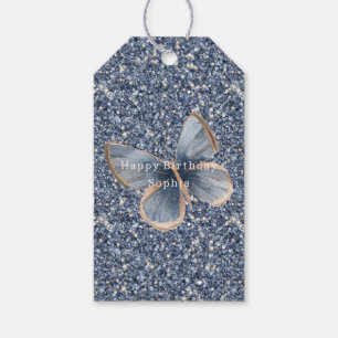 Faux Blue Denim Butterfly Glitter Birthday Gift Tags