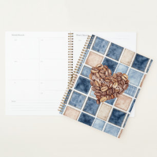 Faux Blue Denim Cream First Coffee Beans Heart Planner