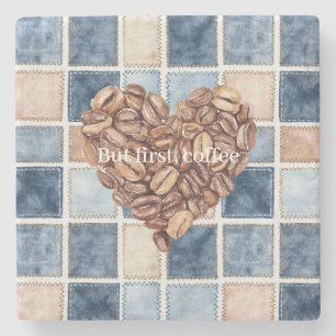 Faux Blue Denim Cream First Coffee Beans Heart Stone Coaster