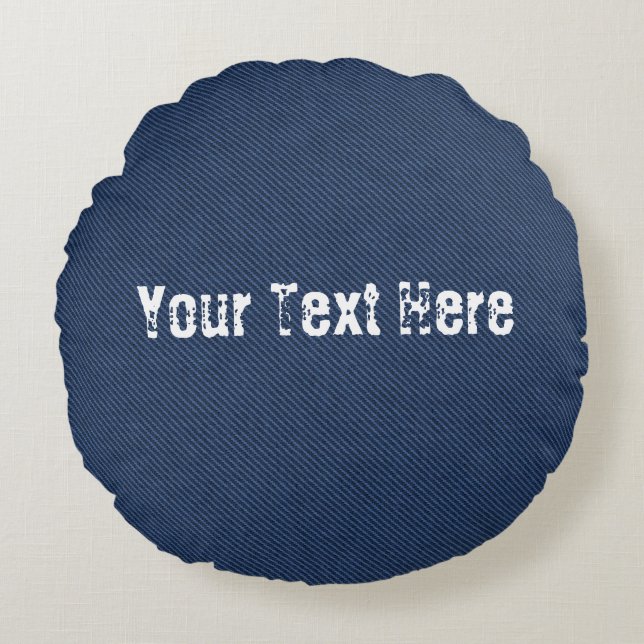 Faux Blue Denim Round Pillow with Custom Text (Front)