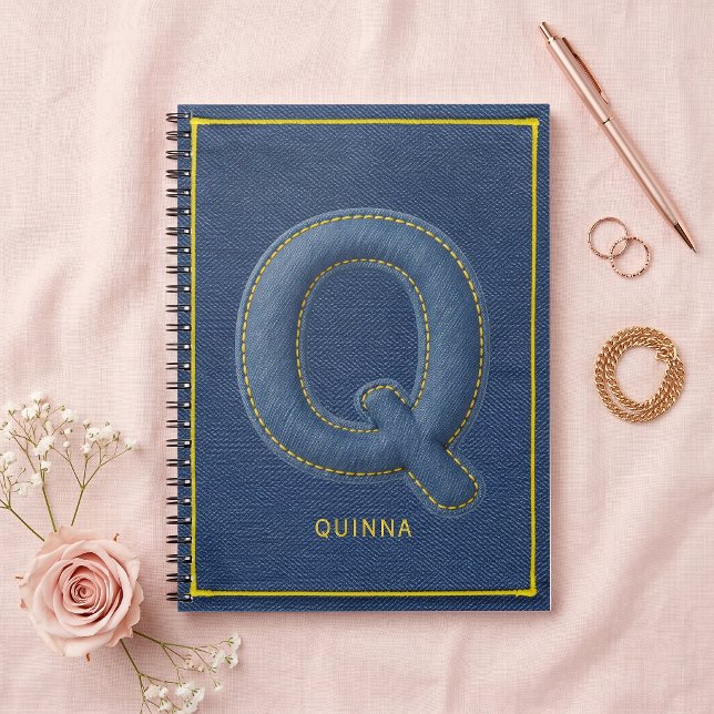 Faux Blue Denim Stitched Letter Q Name Monogram Notebook (Creator Uploaded)
