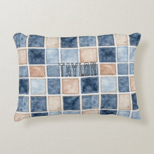 Faux Blue Glitter Cream Denim  Decorative Cushion