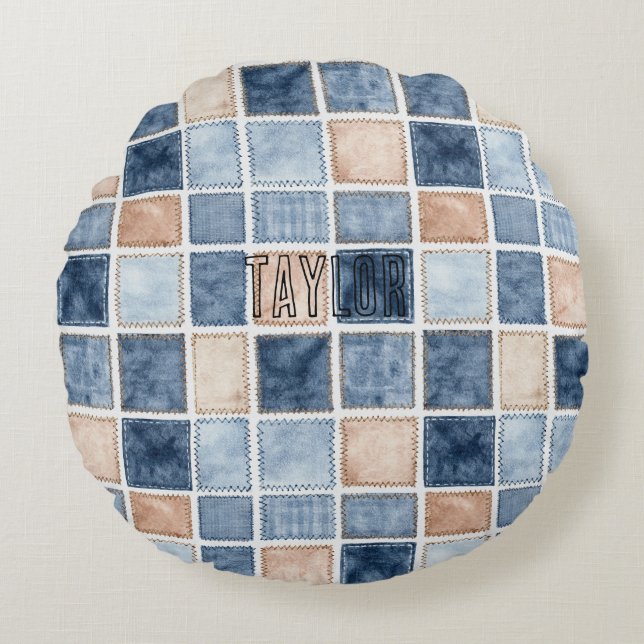Faux Blue Glitter Cream Denim  Round Cushion (Front)