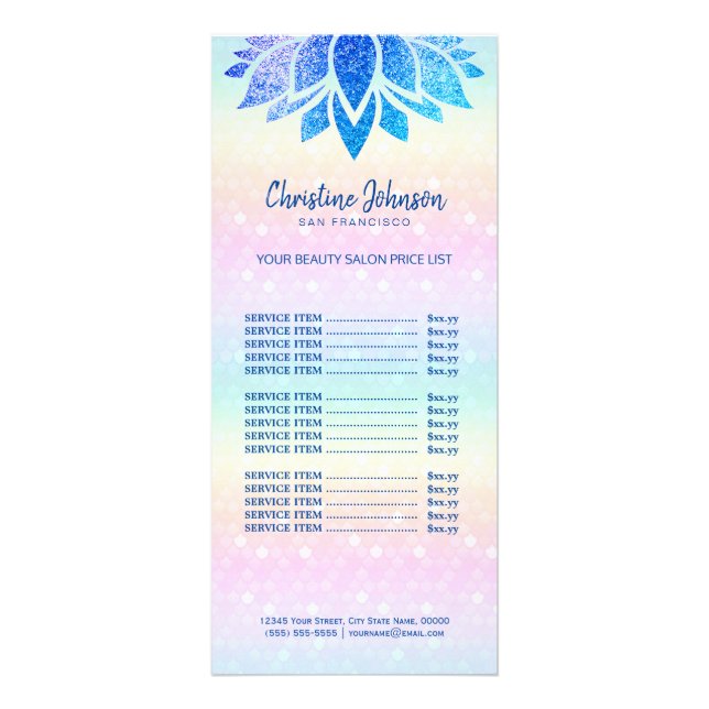 faux blue glitter lotus logo price list rack card (Front)