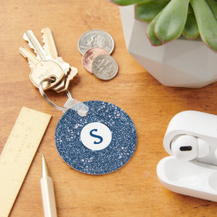 Faux Blue Glitter Texture Look And Custom Monogram Key Ring