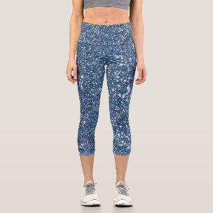 Faux Blue Glitter Texture Look-like Graphic Capri Leggings