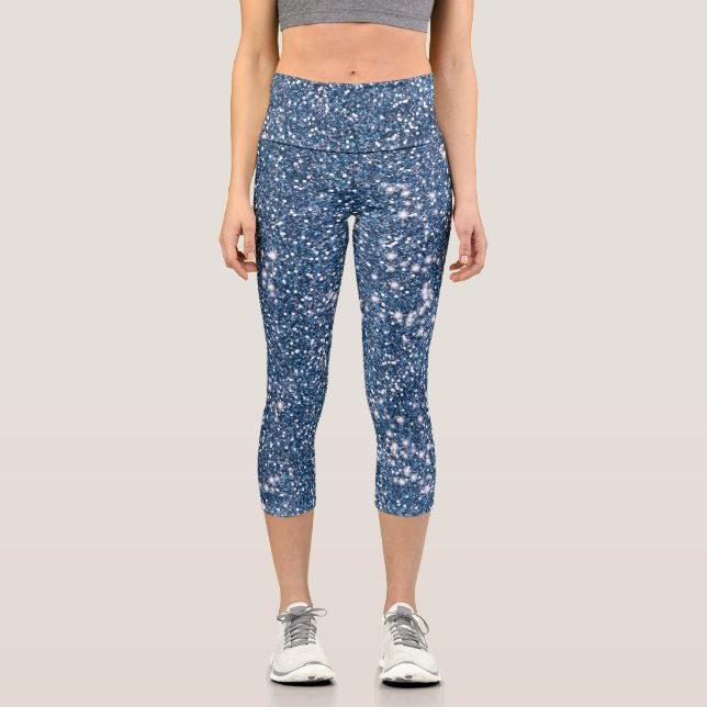 Faux Blue Glitter Texture Look-like Graphic Capri Leggings (Front)