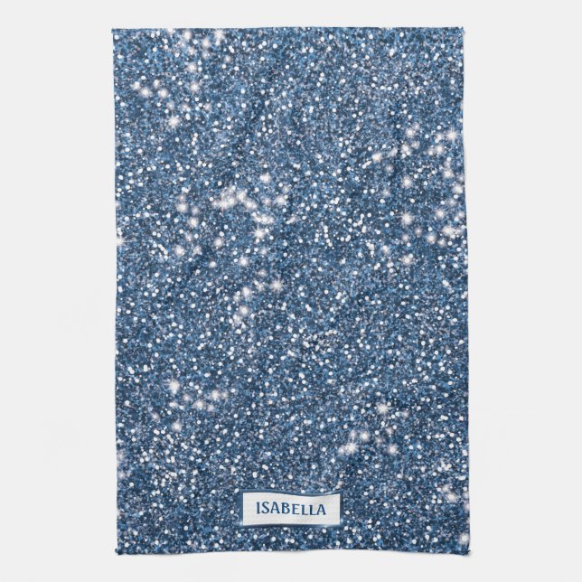 Faux Blue Glitter Texture Look With Custom Name Tea Towel (Vertical)