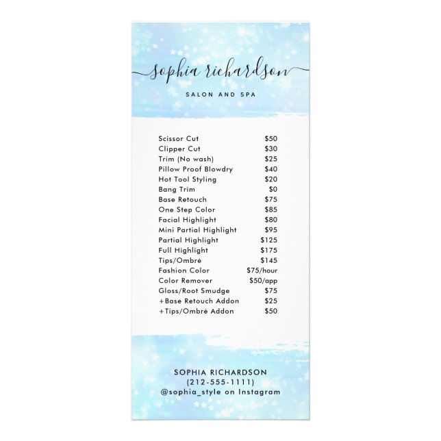 Faux Blue Iridescent | Salon Price List Services Rack Card (Front)