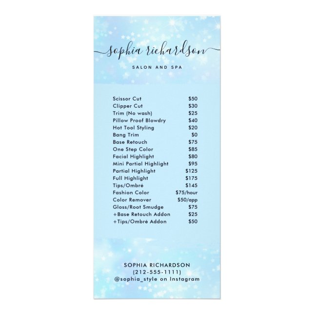 Faux Blue Iridescent | Salon Price List Services Rack Card (Front)