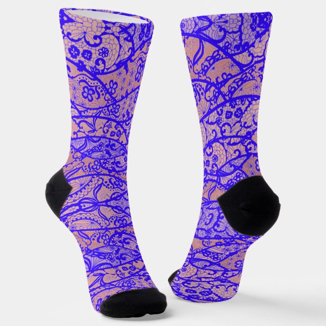 Faux Blue Lace Fishnet Floral Romantic Socks (Angled)