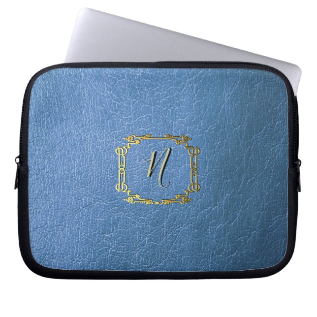 Faux Blue Leather Effect Custom Printed Neoprene Laptop Sleeve (Front)