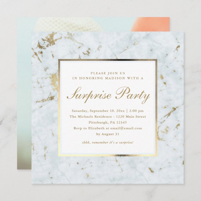 Faux Blue Marble with Photo Surprise Party Invitation (Front/Back)