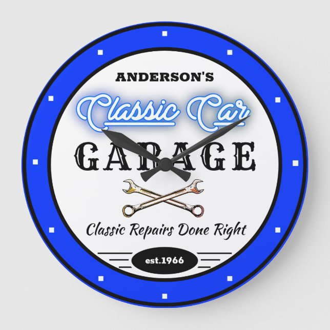 Faux Blue Neon Classic Car Garage Any Name   Large Clock (Front)