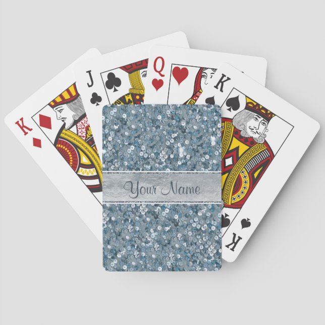 Faux Blue Sequins Silver Foil Personalised Playing Cards (Back)
