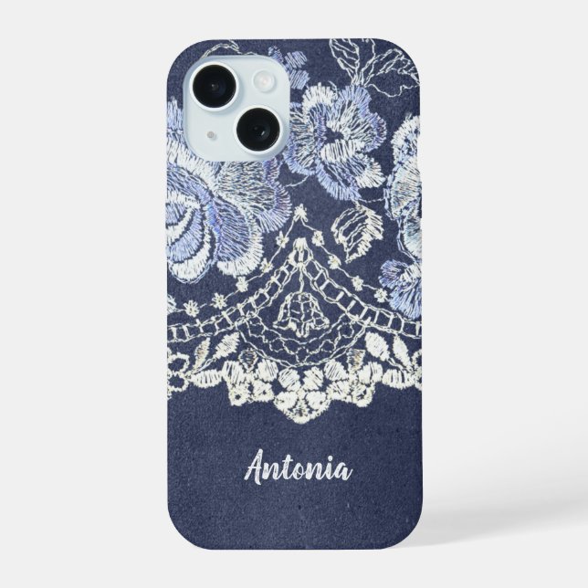 Faux Blue Velvet and Simulated Lace Embroidery iPhone 15 Case (Back)