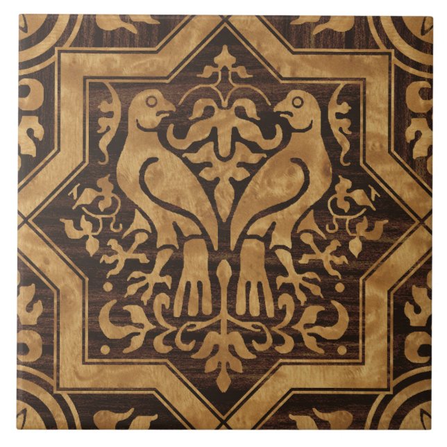 Faux Bois Mediaeval Birds Ceramic Tile (Front)