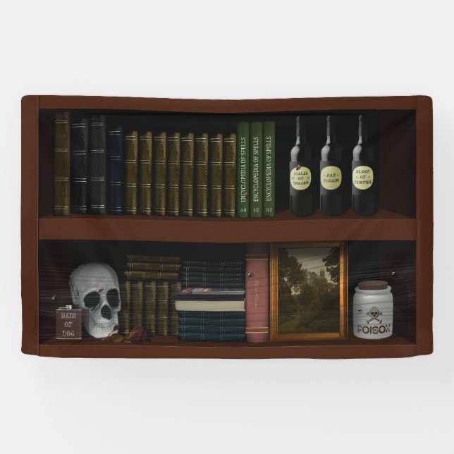 Faux Bookshelf Haunted House Witch Den Halloween Banner (Horizontal)