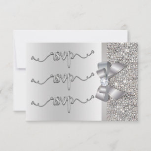 Faux Bow Silver Sequins RSVP Wedding Card