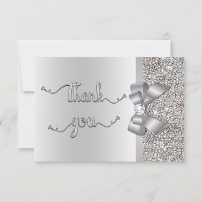 Faux Bow Silver Sequins Thank You Wedding Card (Front)