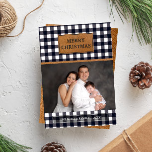 Faux Brown Leather Black Buffalo Plaid Christmas Holiday Card