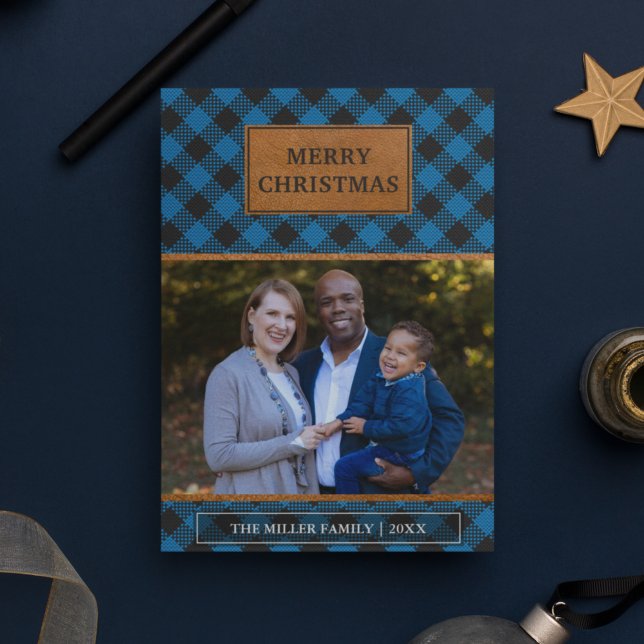 Faux Brown Leather Blue Buffalo Plaid Christmas Holiday Card (Creator Uploaded)