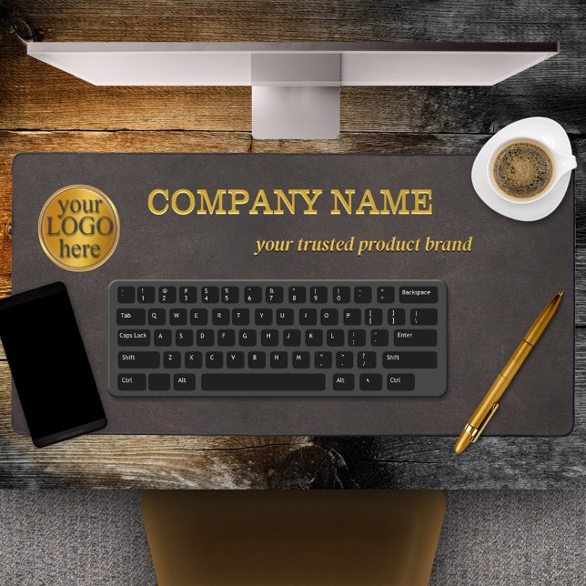Faux Brown Leather Company Desk Mat (Desk mat featuring your custom logo on a brown faux leather background)