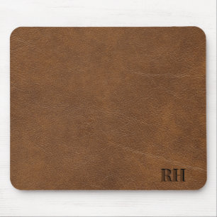 Faux Brown Leather Custom Monogrammed Initials  Mouse Pad