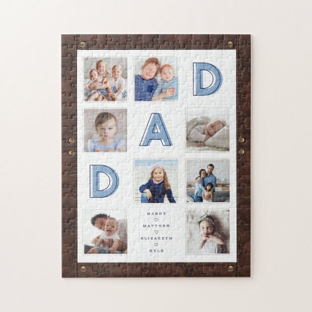 Faux Brown Leather Frame Dad Photo Collage Jigsaw Puzzle (Vertical)