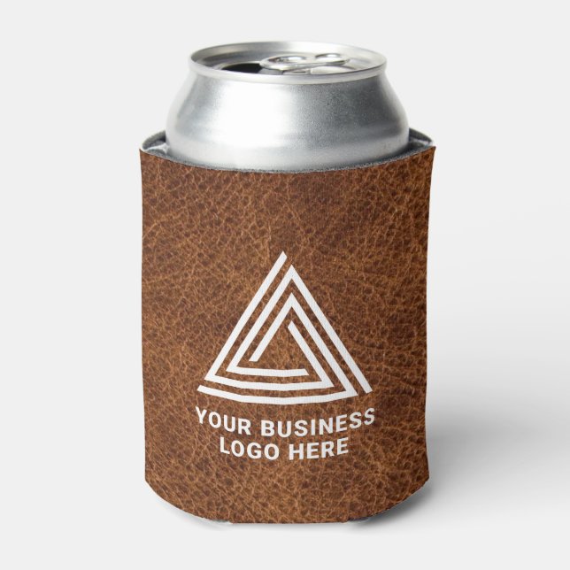 Faux Brown Leather Modern Business Logo Can Cooler (Can Front)