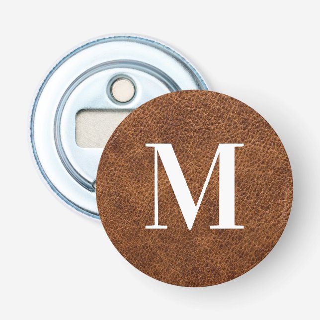 Faux Brown Leather Modern Monogram Bottle Opener (Front)