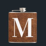 Faux Brown Leather Modern Monogram Hip Flask<br><div class="desc">A faux leather look with a modern bold monogram. 
Faux brown leather vinyl wrapped flask for him. 
This photo prints flat with no actual leathery texture.
Create your own favour or gift for your best man and groomsmen.</div>