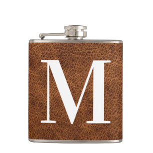 Faux Brown Leather Modern Monogram Hip Flask