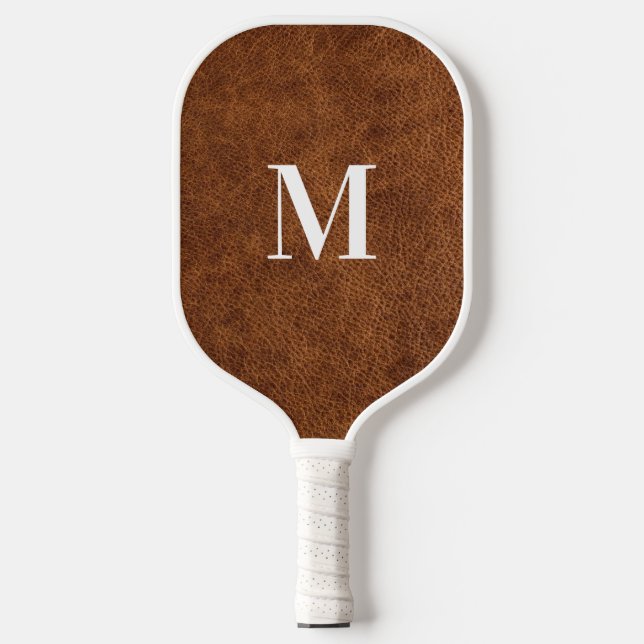 Faux Brown Leather Modern Monogram Pickleball Paddle (Front)