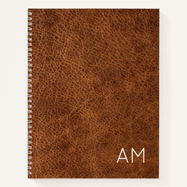 Faux Brown Leather Modern Two Letter Monogram Notebook (Front)