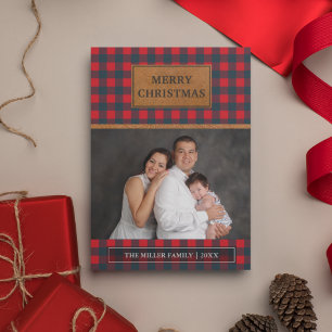 Faux Brown Leather Red Buffalo Plaid Christmas Holiday Card