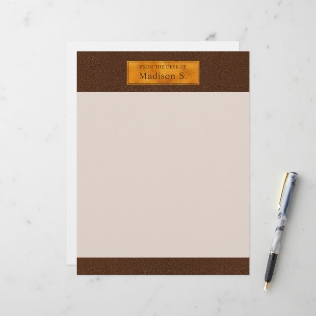 Faux Brown Leather Texture With Gold Foil Banner Custom Letterhead (Front/Back In Situ)