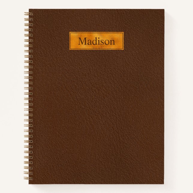 Faux Brown Leather Texture With Gold Foil Banner Notebook (Front)
