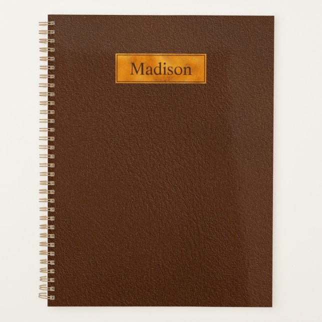 Faux Brown Leather Texture With Gold Foil Banner Planner (Front)