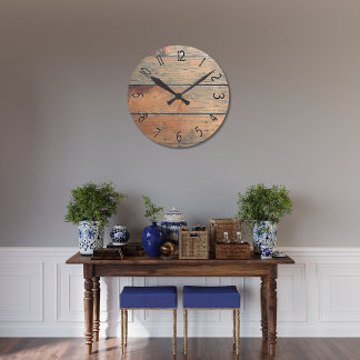 Faux Brown Wooden Panelling Round Clock