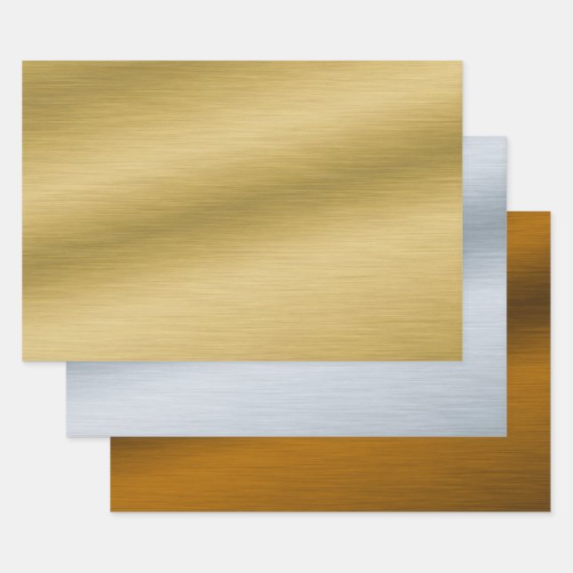 Faux Brushed Metal - Gold Silver Bronze Wrapping Paper Sheet (Set)
