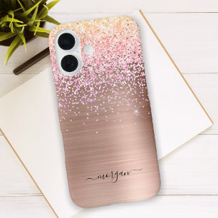 Faux Brushed Rose Gold Metal, Glitter, Script Name iPhone 16 Case