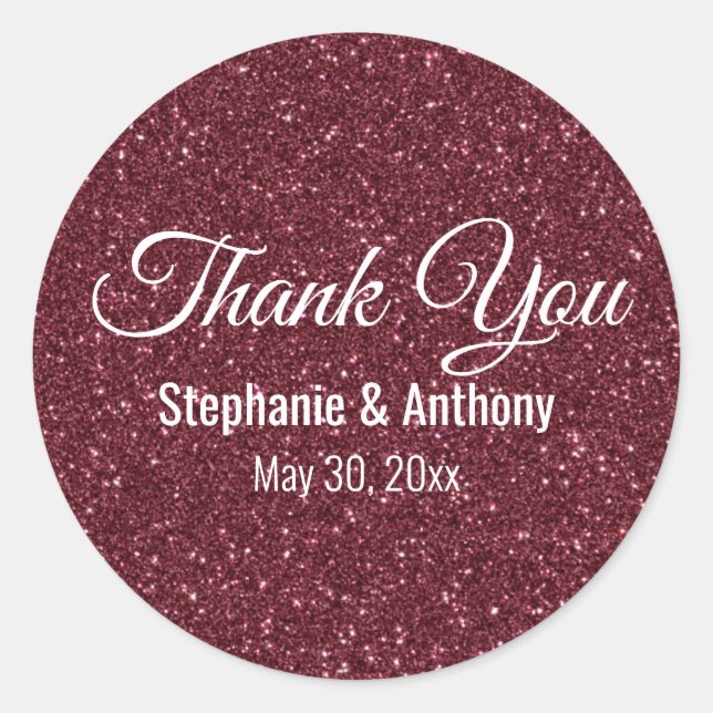 Faux Burgundy Glitter Wedding Thank You Classic Round Sticker (Front)