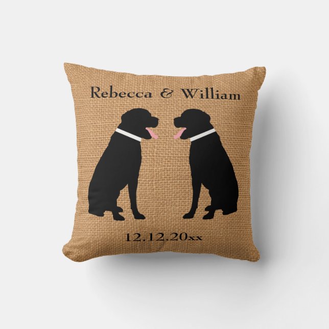 Faux Burlap 2 Black Labradors Personalised Wedding Cushion (Front)