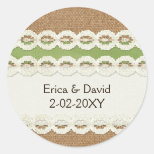 FAUX burlap and lace lime country wedding Classic Round Sticker