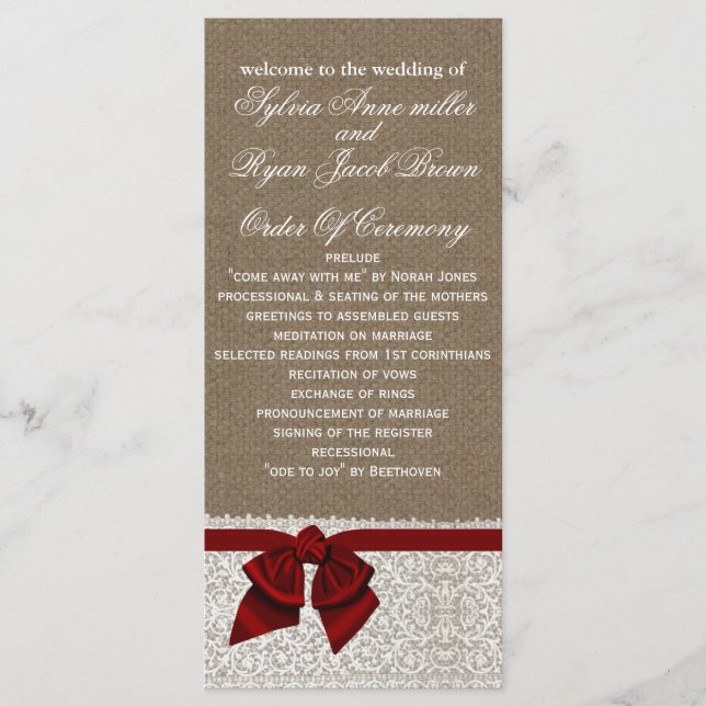 FAUX Burlap and red lace Wedding program (Front)